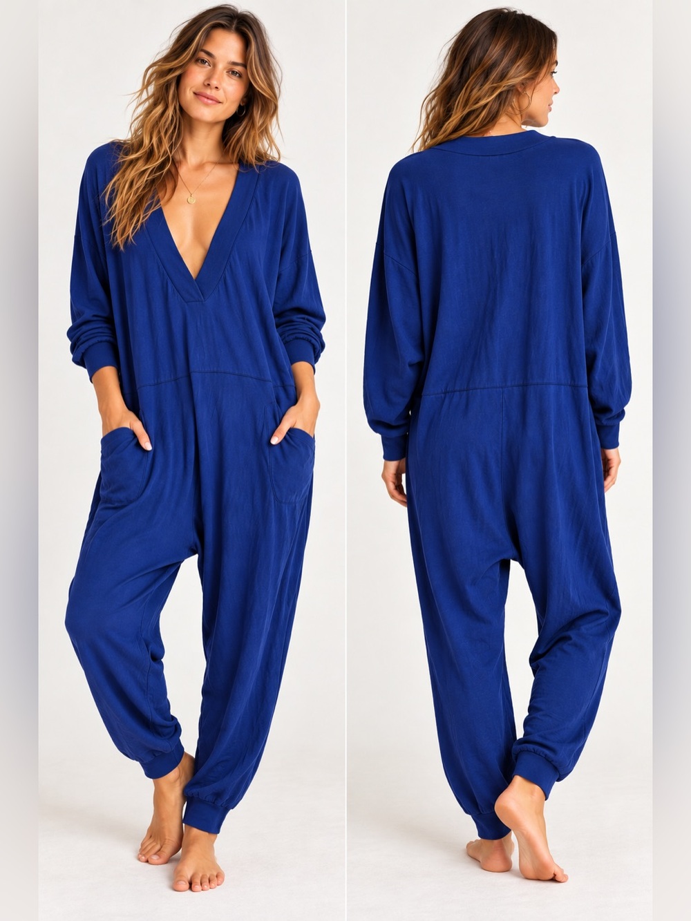 Free People Deep V Royal Blue Navy Lounge Lagenlook Onesie Jumpsuit medium
